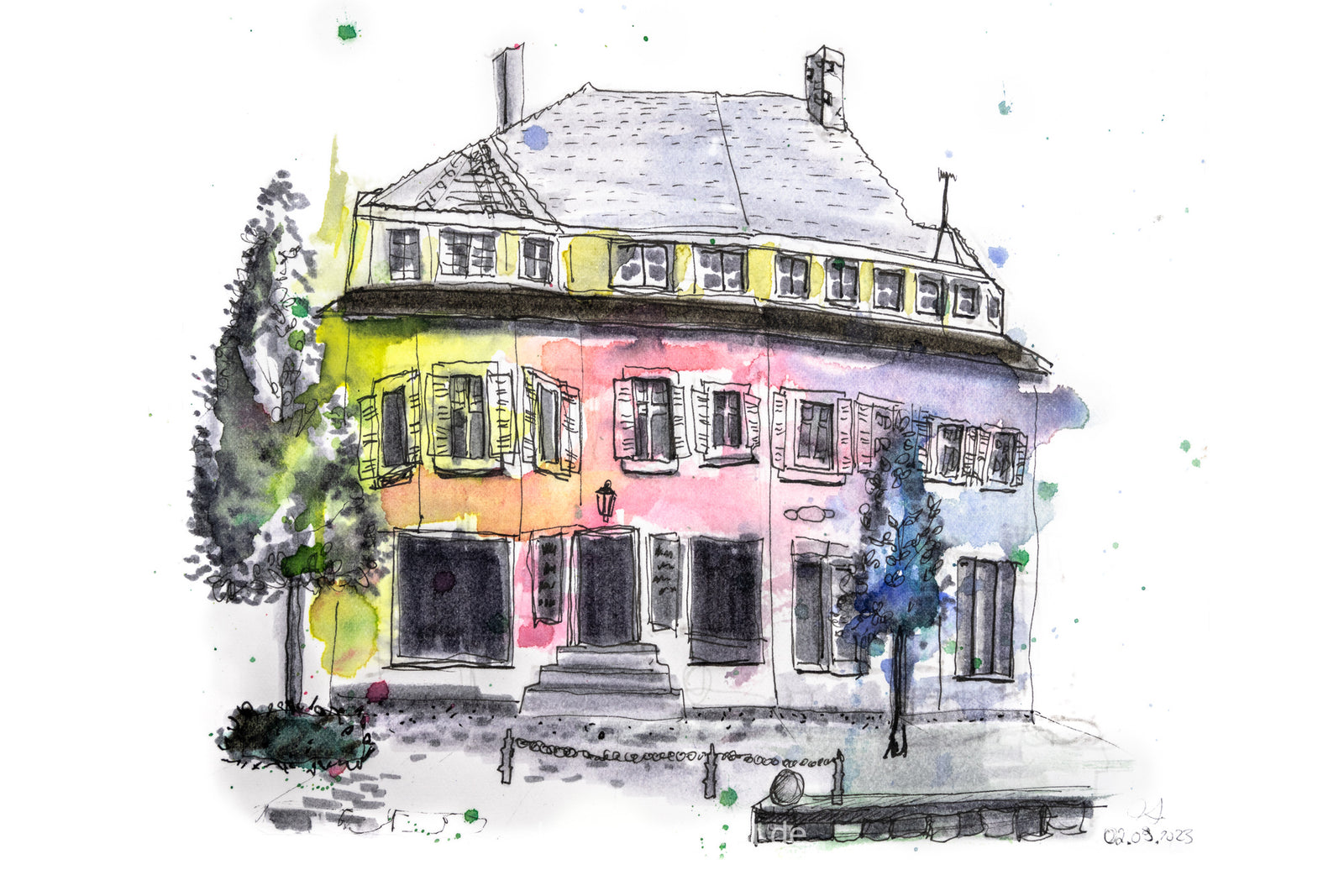 Aquarellzeichnung eines Hauses mit Walmdach und Säulenbäumen, Donaueschingen