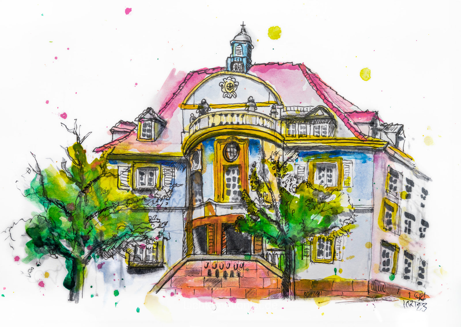 Aquarellzeichnung des Blauen Rathauses in Donaueschingen