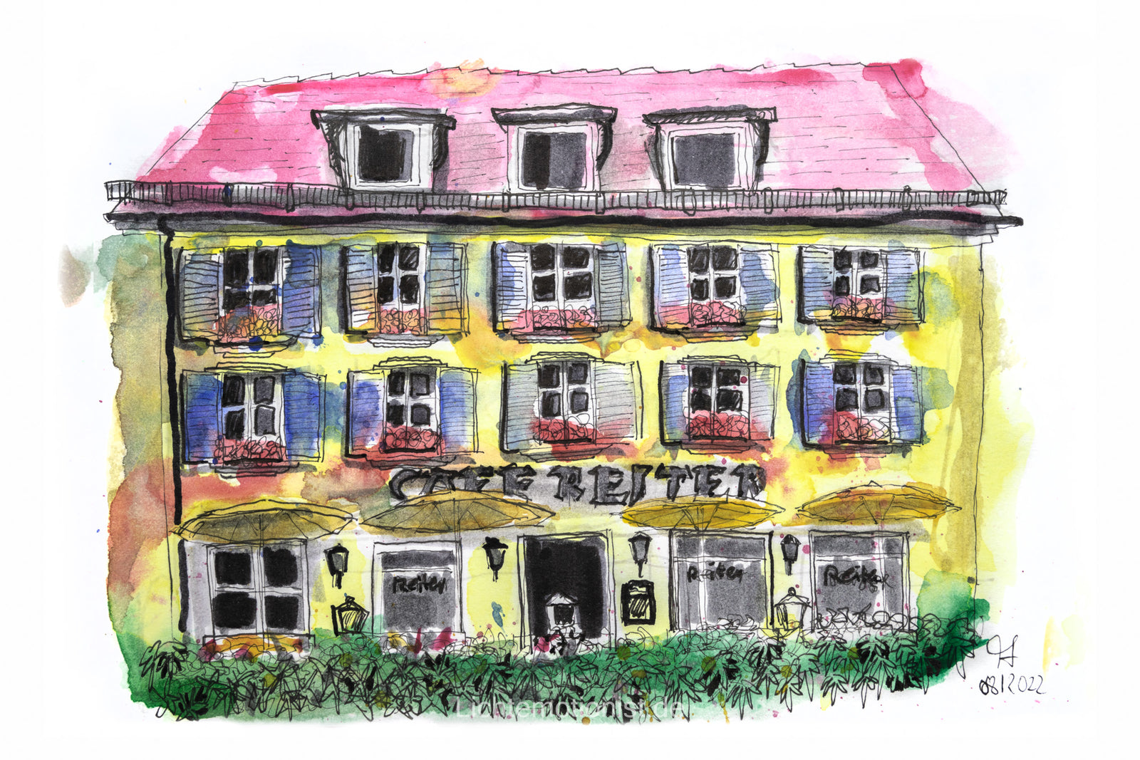 Aquarellzeichnung des Café Reiter in Donaueschingen
