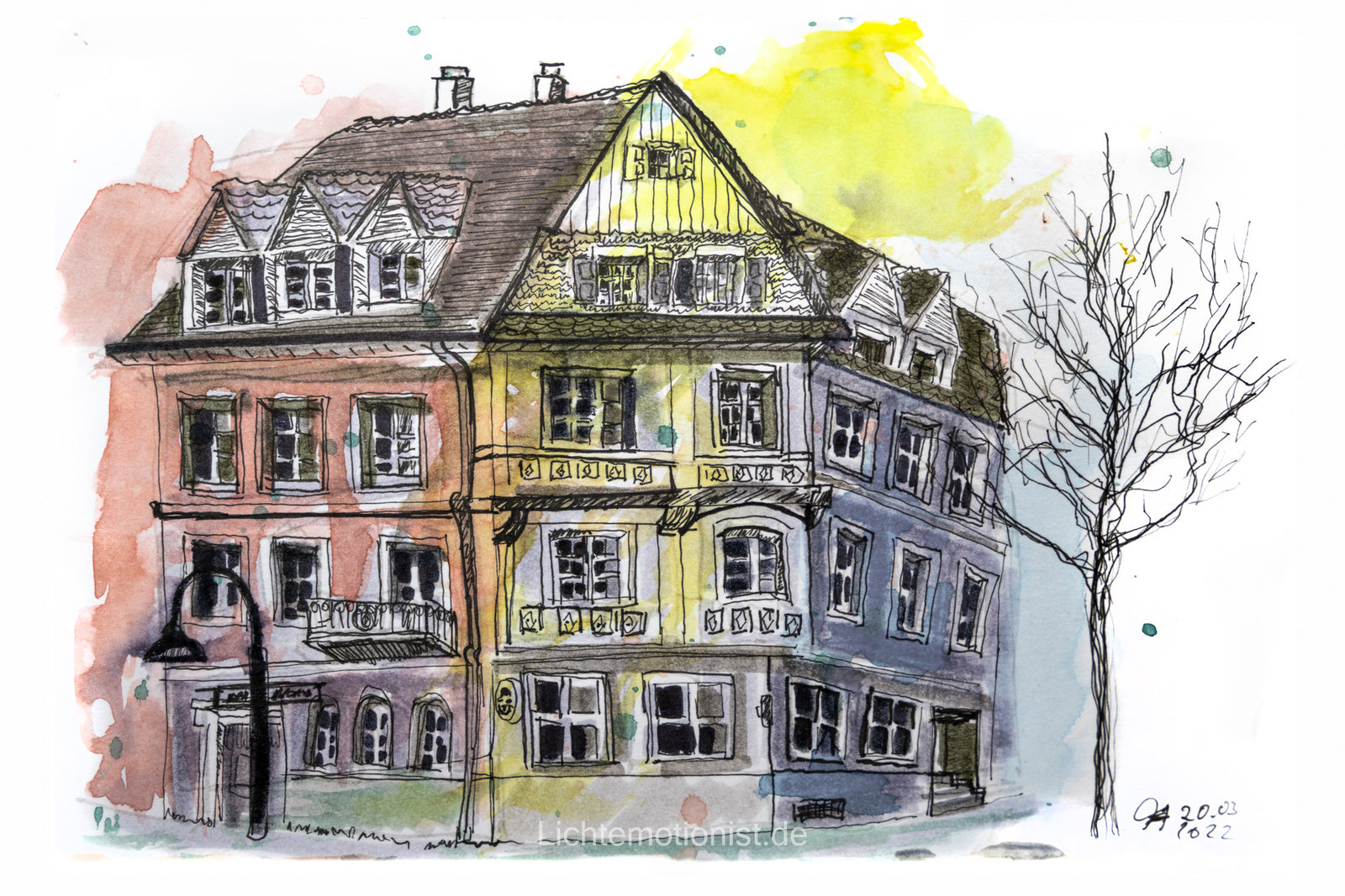 Aquarellzeichnung eines Eckhauses mit Fachwerkgiebel, Donaueschingen