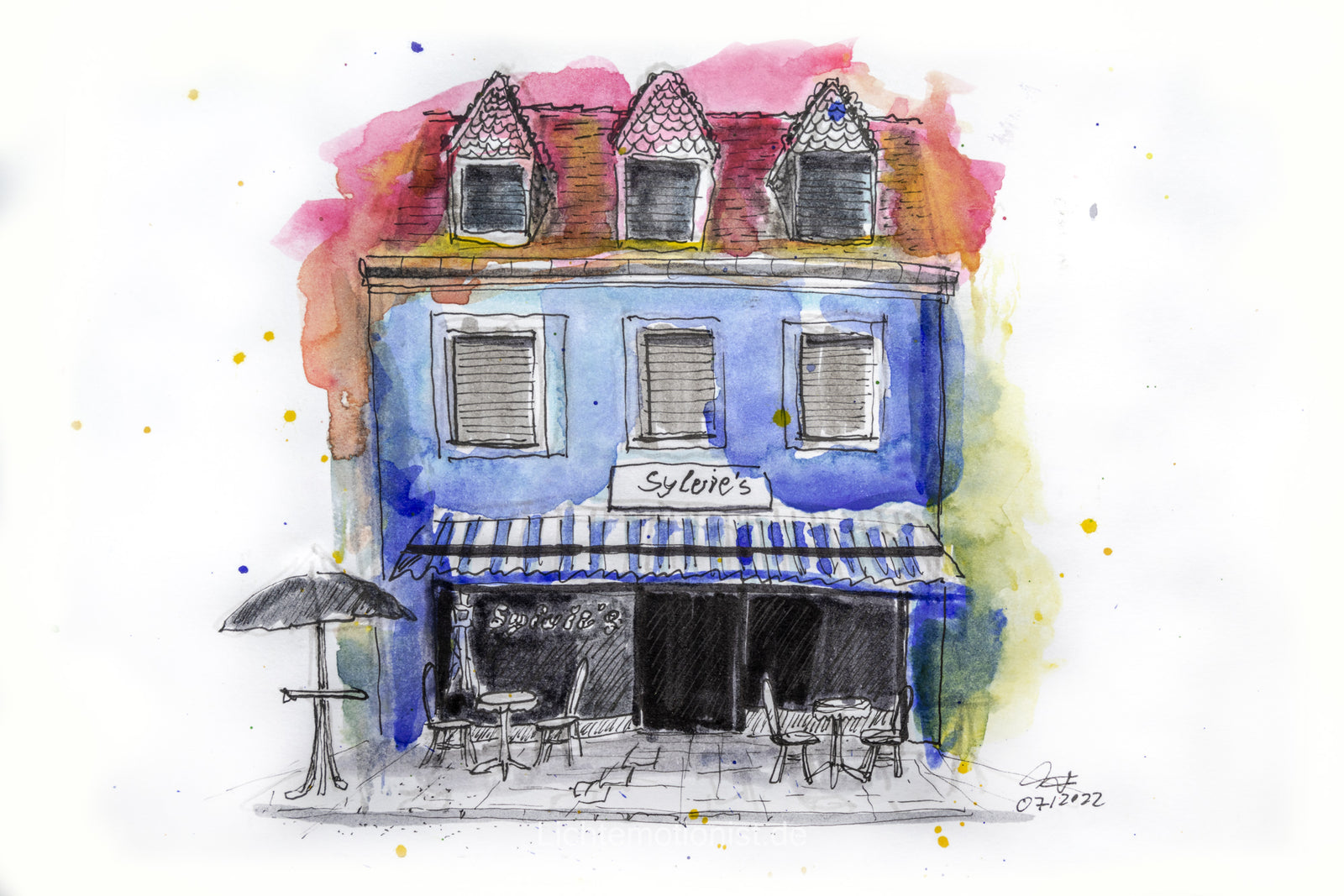 Aquarellzeichnung des früheren französischen Cafés Sylvie's in Donaueschingen