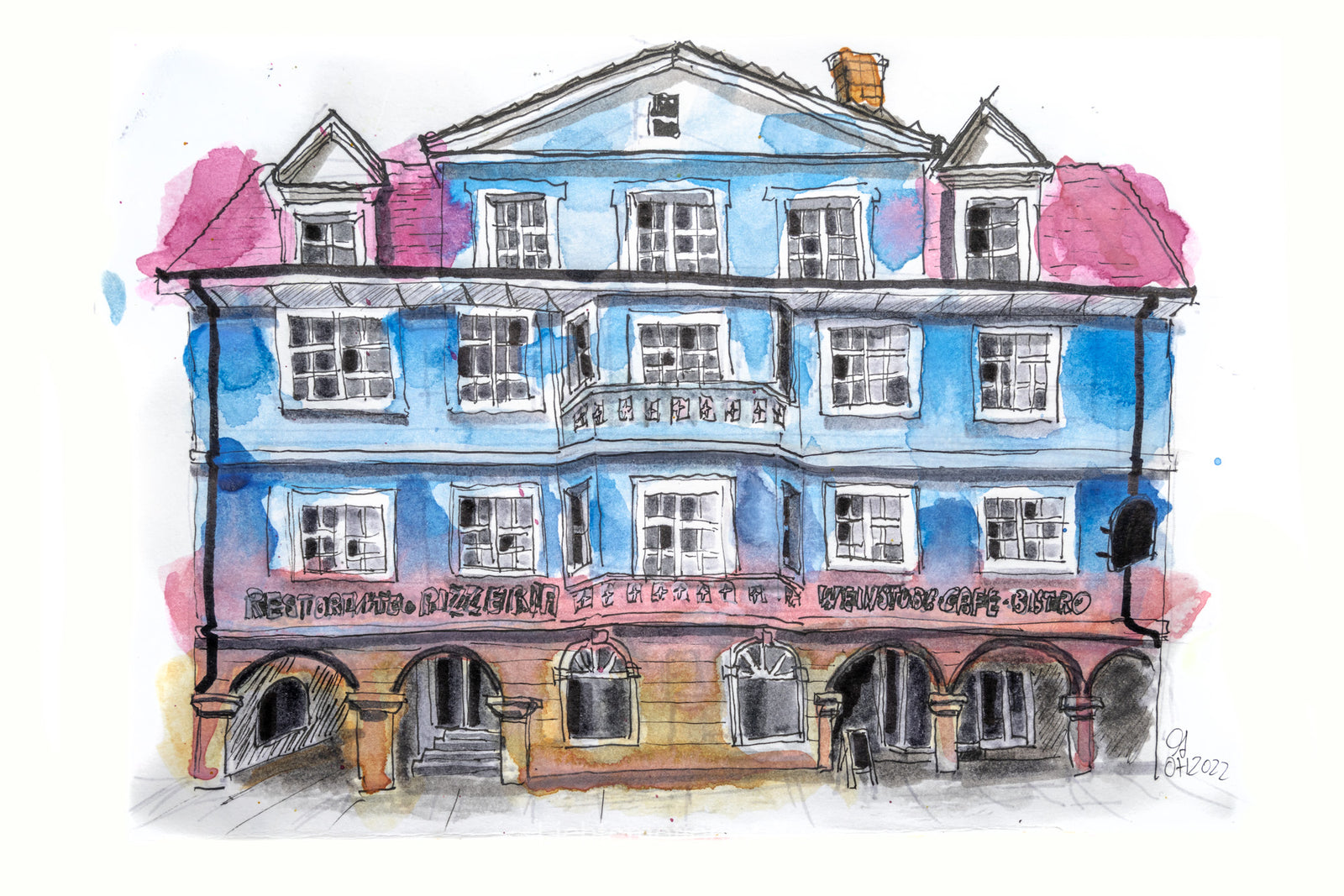 Aquarellzeichnung eines blauen Hauses mit Restaurant und Weinstube, Donaueschingen