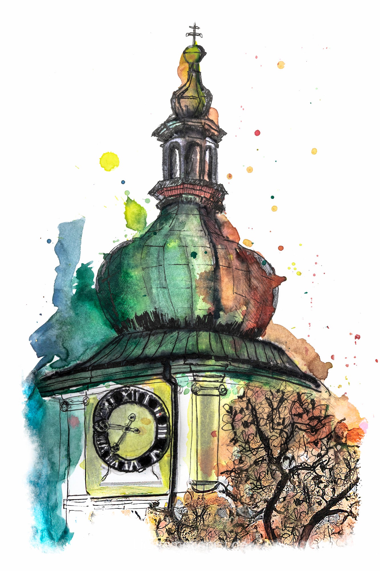 Aquarellzeichnung eines Kirchturms mit Uhr, Donaueschingen