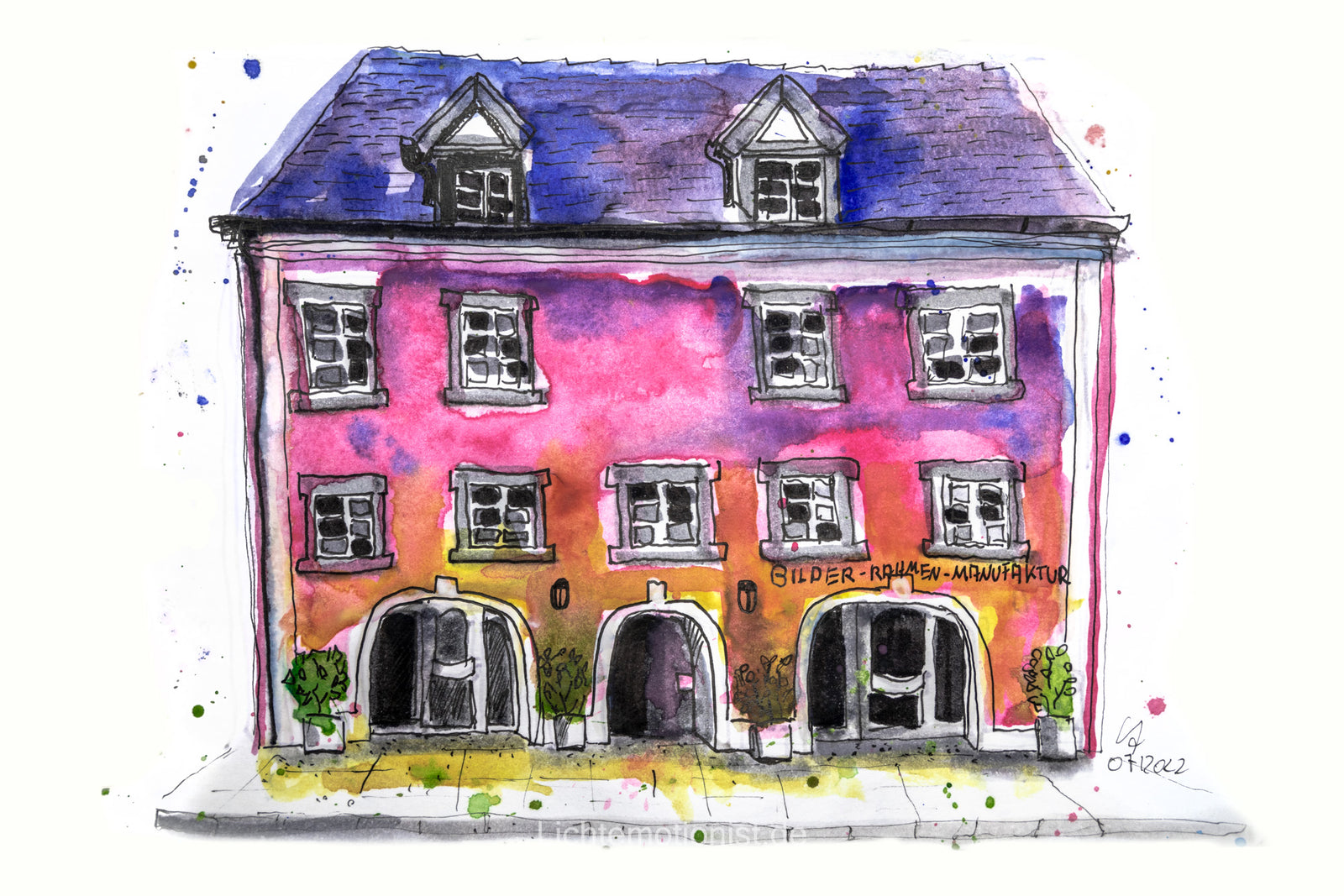 Aquarellzeichnung der Bilder-Rahmen-Manufaktur in Donaueschingen