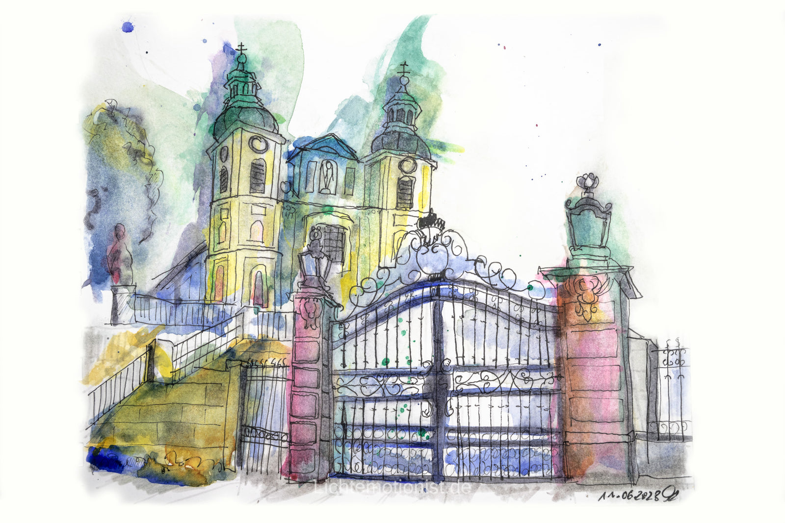 Aquarellzeichnung der Stadtkirche St. Johann hinter dem Schlosstor, Donaueschingen